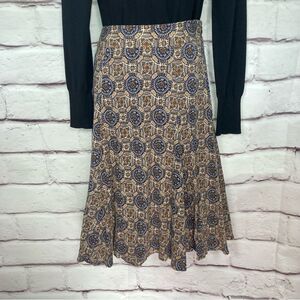 Geoffrey Beene Sport Skirt Size 10 Brown and Blue Mandala Print Pattern MIDI EUC